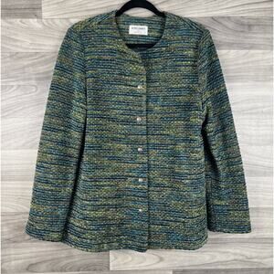 Vintage 90s Knit Cardigan Blazer Button Up Sweater Jacket Womens 12 Green Blue